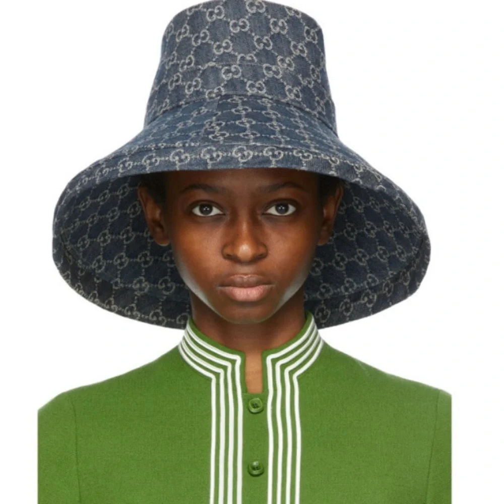 Gucci Bucket Hat GG Monogram Wide Large Brim Jacquard Canvas Denim New - Picture 4 of 11